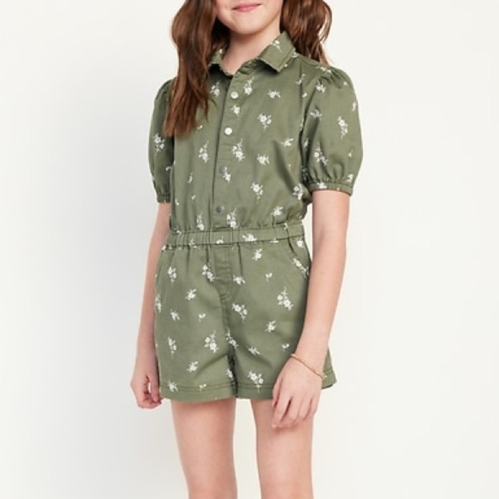 Old Navy Girls Olive Floral Puff Sleeve Romper Size L 10/12
